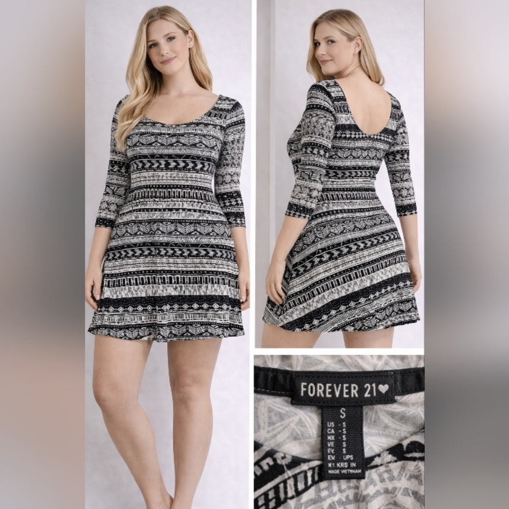 Forever 21 Black and White Aztec Scoop-Back Skater Dress